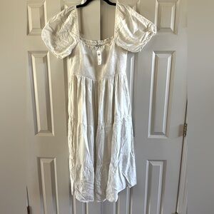 Abercrombie & Fitch White Puff-Sleeve Midi Dress